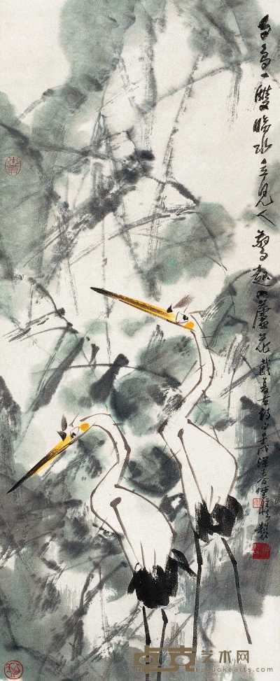 舒传曦 壬戌（1982年）作 双鹭临水 立轴 98×40cm